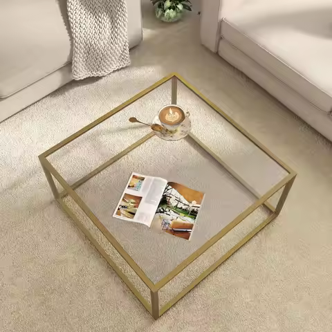 Modern Square Glass Coffee Table Minimalist Center Table for Living Room Home Office Gold Finish 26.