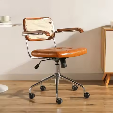 Rattan Computer Chair, Retro Rotating Chair, Comfortable Study Desk Seat, Breathable Armrest, Office