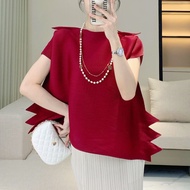 Issey Miyake Pleated Top Womens 2024 Summer New Loose Plus Size Chubby Girl Irregular Designer Short