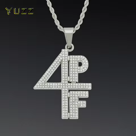Men Women Hip Hop 4PF Letter Pendant Necklace Shiny Rhinestone Chain Iced out Bling Number Necklaces