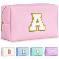 Preppy Makeup Bag, Personalized Initial Bags with Zipper, Cute Makeup Pouch, PU Leather Waterproof C