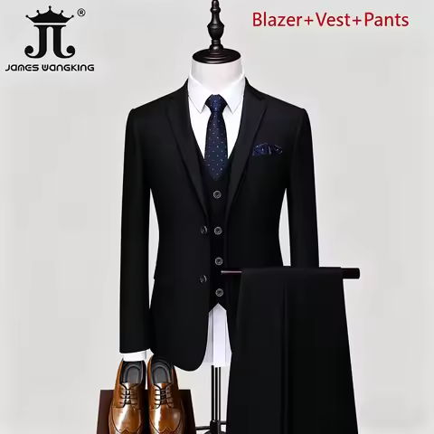 M-6XL Blazer Vest Pants Boutique Prom Party Slim Tuxedo Solid Color Men's Business Office Casual For
