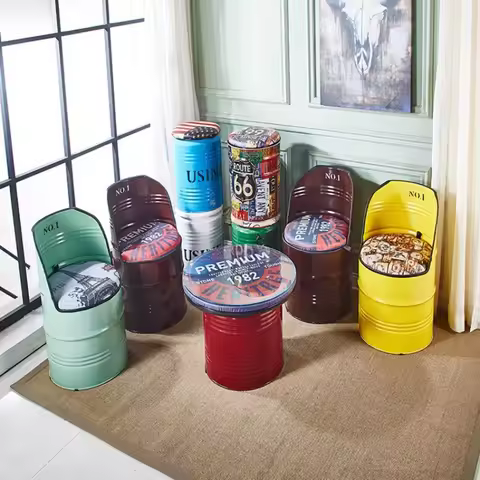 Vintage Industrial Barrel Chair Metal Oil Drum Stool with Storage Rustic Pub Bar Stool for Cafe &Bis