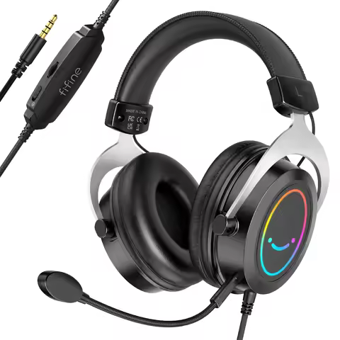 FIFINE Gaming RGB Headset with Line Control/Detachable Mic,3.5mm Over-ear Headphone for PC,PS4/5,Swi