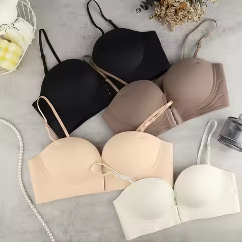 Women's Small Chest Underwear Gathered Breast Thickening Show Large Front Buckle Removable Strap Lin