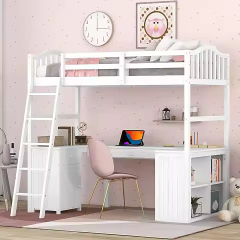 Harper & Bright Designs Twin Size Loft Bed with Desk, Wood Loft Bed Twin with Drawers, Cabinet, Shel