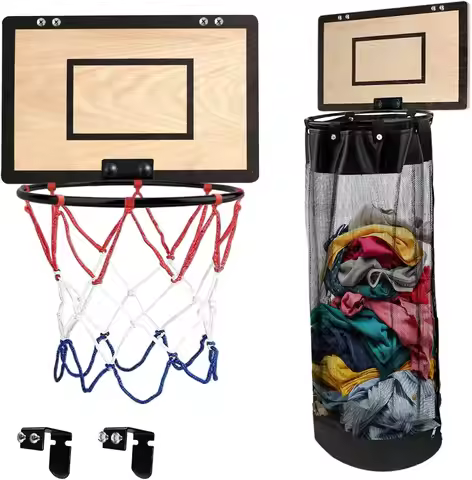 2-in-1 Basketball Hoop Laundry Hamper, Space Saving Over Door Organizer for Kids, Dorm, Bedroom