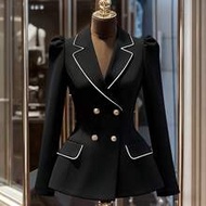 Elegant Black And White Women's Blazer Jacket,Double-Breasted Metal Button Contrast Trim Cinched Wai