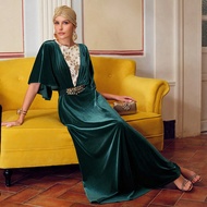 VELVET CONTRAST SEQUIN MESH PANEL FLUTTER SLEEVE LONG DRESS