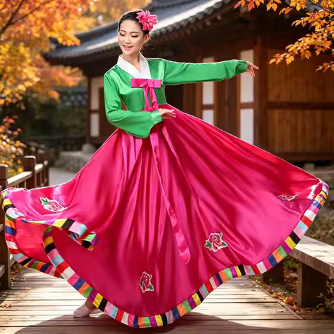 Adult New Korean Traditional Hanbok 360 Degree Big Swing Skirt Ethnic Costume For Folk Dance Stage P