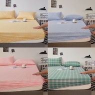 (12 Color) Ins Grid Bedsheet Brushed Soft Fitted Bed Sheet Minimalist Mattress Cover Queen King Size Cadar