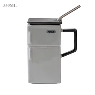 550ml Refrigerator Water Cup Vintage Creative Milk with Lid Stainless Steel Straw Ceramic Cup Fun Of