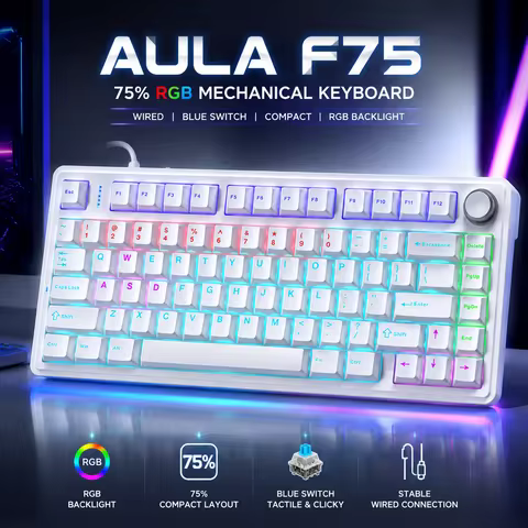 AULA F75 Single‑Mode Wired Mechanical Keyboard 75% Layout Gasket Hot‑Swap Metal Knob PBT RGB Low Lat