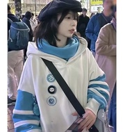 Japanese Subculture Y2k High Neck Badge Contrasting Hooded Sweatshirt Girls Loose And Cute Hoodie
