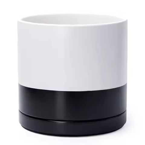 12 Inch Ceramic Planter Pot with Drainage Hole and Saucer Indoor Cylinder Round Planter Pot Layered 