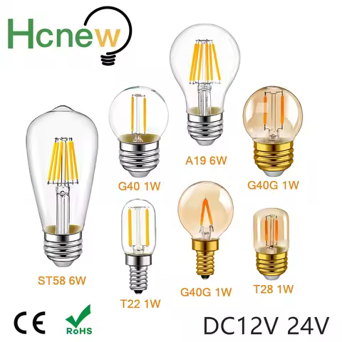 Led Filament Light Low Voltage E12 E14 Led Lamp DC12V 24V T22 G40 A19 ST58 6W LED Light Bulb 2700K R