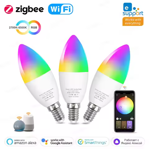 Smart WiFi E14 Led Bulb Zigbee E14 Candle Lamp AC 100-240V RGB+CW+WW Led Light Bulbs Works With Amaz