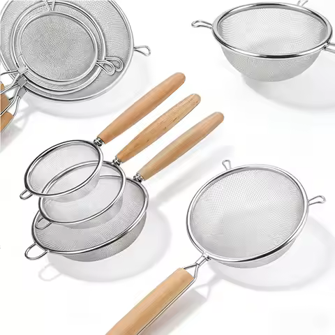 1/3pcs Stainless Steel Mesh Strainer with Wooden Handle, Fine Filtering for Juices, Residues and Flo