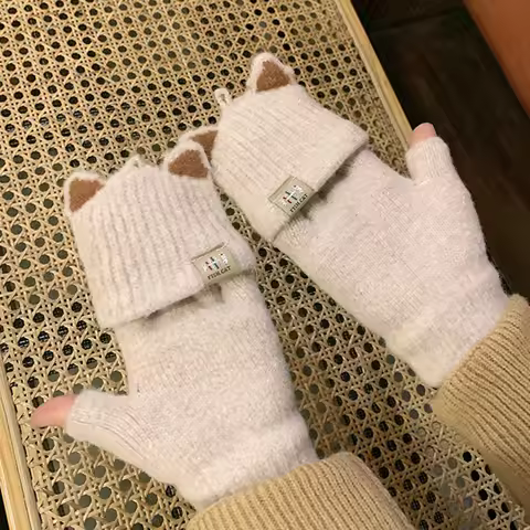 Winter Warm Knitted Gloves Cute Cat Ear Girls Writing Convertible Flip Top Glove Thicken Hand Warmer