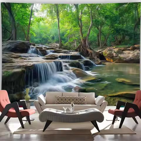 Forest Creek Tapestry – Waterfall Stream Wall Art, Lush Green Rainforest Landscape Decor for Bedroom