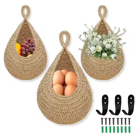Handwoven wall-mounted Vegetable Fruit Basket Organizer Container Decor for Kitchen Garden Mount Wal