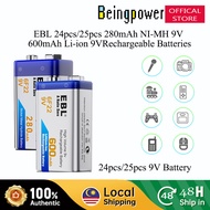 EBL 24pcs 25pcs 280mAh 6F22 9V Ni-MH Battery 9V 600mAh Li-ion Rechargeable Battery Beingpower