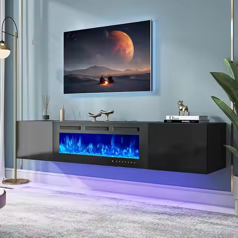80" Floating TV Console w/ 40" Electric Fireplace Storage 12-Color LED Living Room Black, Custom