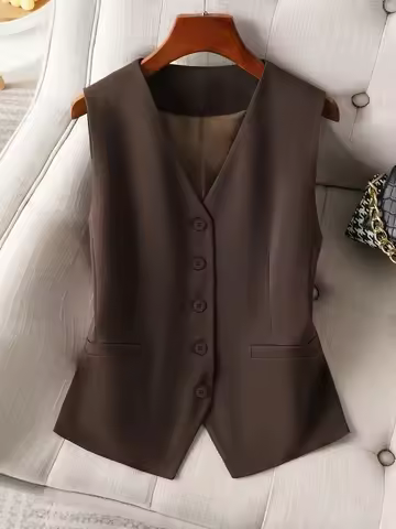 Vintage Inspired Women's Waistcoat Retro Brown V-Neck Slim Fit Suit Vest for a Classic Look，Office &