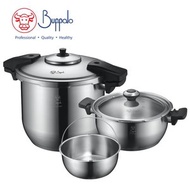 BUFFALO - 牛頭牌 ROCKET 不銹鋼雙耳高速煲套裝：高速煲 24cm / 8L、高速煲 24cm / 4L、玻璃蓋、蒸架 (BFR1024P1)