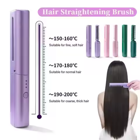 Cordless Hair Straightener Brush-Portable Straightening Comb, 1500mAh Batt Plasma Tech, 3 Temp-Setti