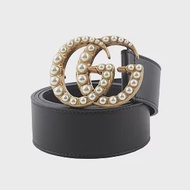 GUCCI GG Logo 珍珠鑲飾寬4cm皮帶_展示品 (85cm)(黑色)