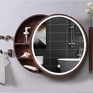 Bathroom Mirror Cabinet Round Led Lighted Bathroom Mirror with 3-layer Shelves Vanity Mirror Bathroom Cabinet Mirror (Black Walnut 50cm)