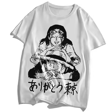 Summer 2026 One Piece Luffy & Robin "Thank You Tokyo" Theme 100% Cotton Print Loose T-shirt for Men 