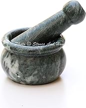 Stones And Homes Indian Green Mortar and Pestle Set 3 Inch Marble Stone Molcajete Herbs Spices for Home and Kitchen Small Bowl Polished Round Medicine Pills Stone Grinder - (7.6x4.8x3.2 cm)