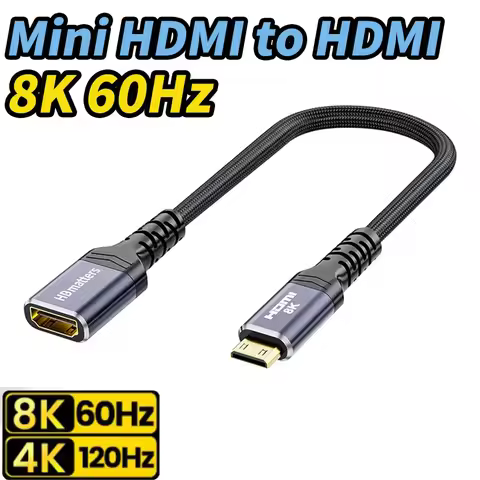 8K Mini HDMI to HDMI Cable Adapter Braided Mini HDMI 2.1 to HDMI Cable Bi-direction Mini HDMI to HDM