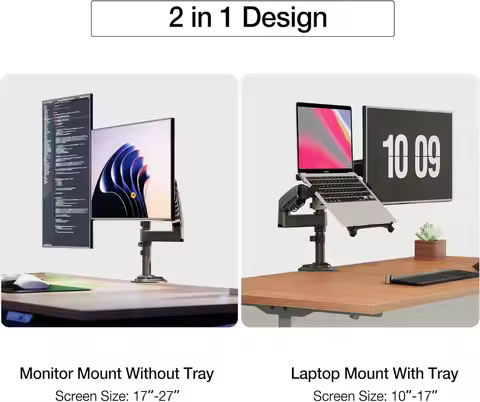 Dual Arm 2 in 1 Combo Laptop Mount with Adjustable Tray for 10-17'' Notebook with VESA Plate for 17-