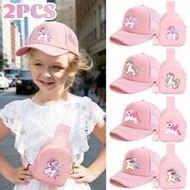 2pcs/Set 4-8 Years Old Girls' Unicorn Mesh Baseball Cap + Chest Bag Set, Breathable Sun Protection, 