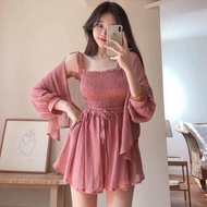 In-91251~influencer Shirt Sunscreen+Tube Top Sling+Wide-Leg Shorts Three-Piece Casual Suit~Red/Beige