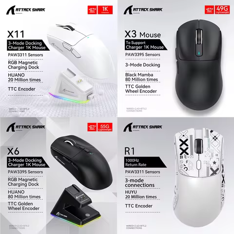 Attack Shark X11 X6 X3 R1 Wireless Gaming Mouse, RGB, Ergonomic, Ultra-Light, Tri-Mode, Macro, PAW33