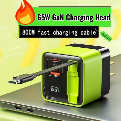 65W GaN PD USB-C Charging Head Fast Charger With Built-in 80cm TypeC Cable Suitable for iPhone16 15