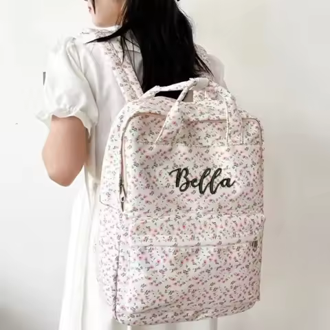 Custom Name Floral Decoration Backpack - Japanese Academy Style SchoolBag for Girl Campus Daily Scho