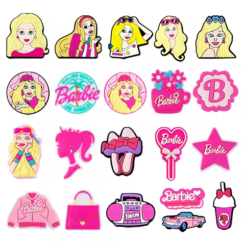 21PCS Cartoon Miniso Disney Barbie Girl Heart Star Coat Bag Car Drink PVC Garden Shoe Charms Sandals