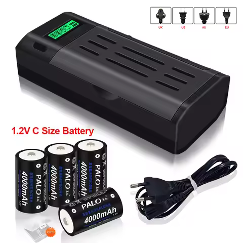 PALO 1.2V C Size LR14 Rechargeable Battery 4000mAH R14 NIMH Batteries+LCD Smart Charger for 1.2V AA/
