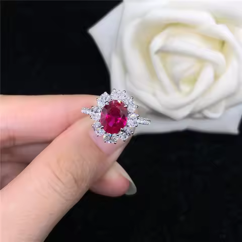 White Gold AU585 Ring 2CT Oval Shape Ruby Diamond Engagement Ring Women Popular Finger Jewelry Love 