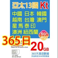 KT 日本 韓國 澳門 台灣 星加坡 馬來西亞 印尼 越南 泰國 澳洲 紐西蘭 中國 365日5G 20GB之後降速384K無限數據《購買2張免費順豐》 上網卡數據卡Sim卡電話咭data