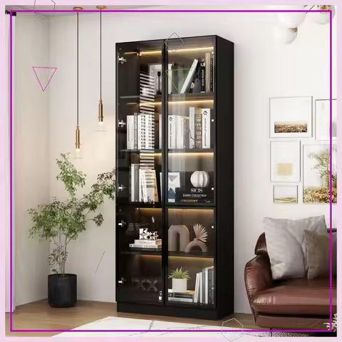 5-Tier Glass Display Cabinet with LED Lights, Pop-Up Doors for Collectibles, Black (31.5"W x 78.7"H)