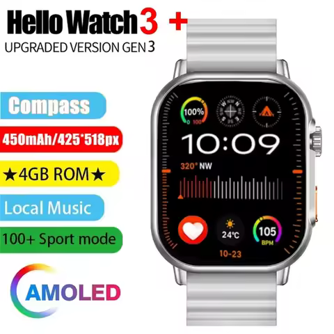 Hello Watch 3 Plus Smart Watch 2.04 Inch 4GB ROM AMOLED Men Smartwatch Wireless Charging Bluetooth C