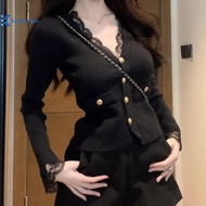 Kudosation Short Cardigans V Ne Elegant Lace Patchwork Vintage Woman Sweaters Autumn Winter Korean F