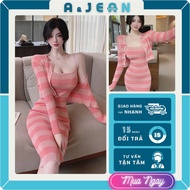 Striped 2-strap wool dress Set with Jacket striped button-down long sleeves | AJEAN STORE