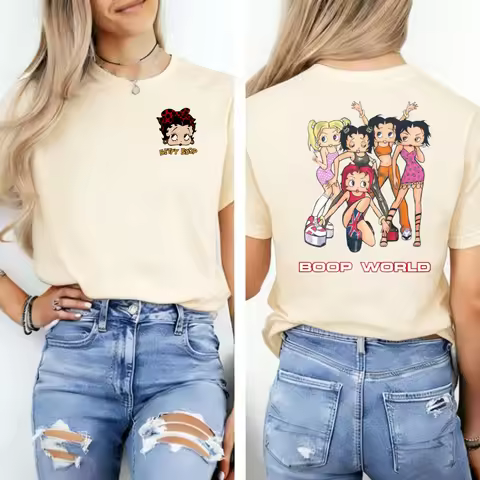 Y2K Betty Boop Boop World Group Graphic T-Shirt 90s Spice Girls Style Cartoon Tee Edgy Streetwear To